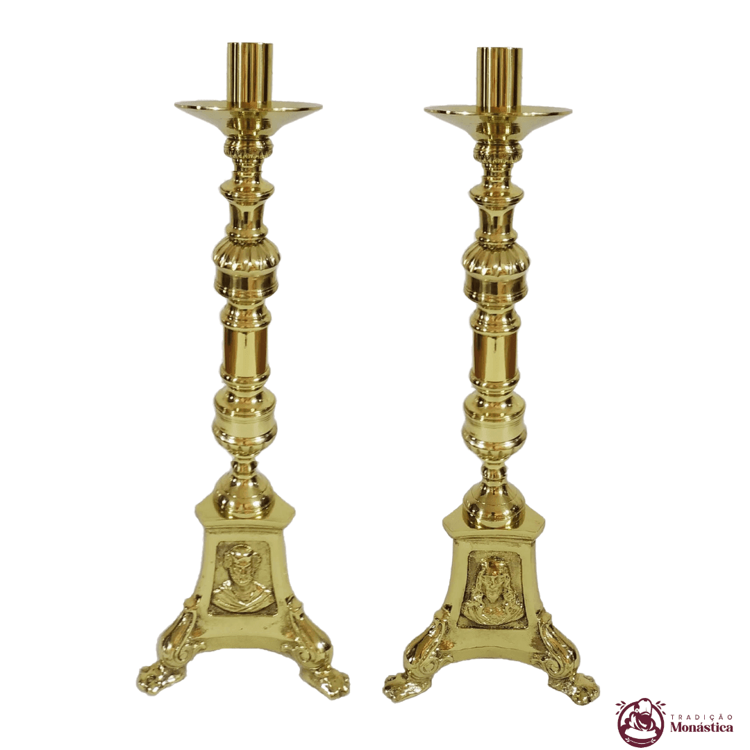 Conjunto de Castiçal de Vela e Cruz para Altar - Base JMJ Grande - Bronze - 3