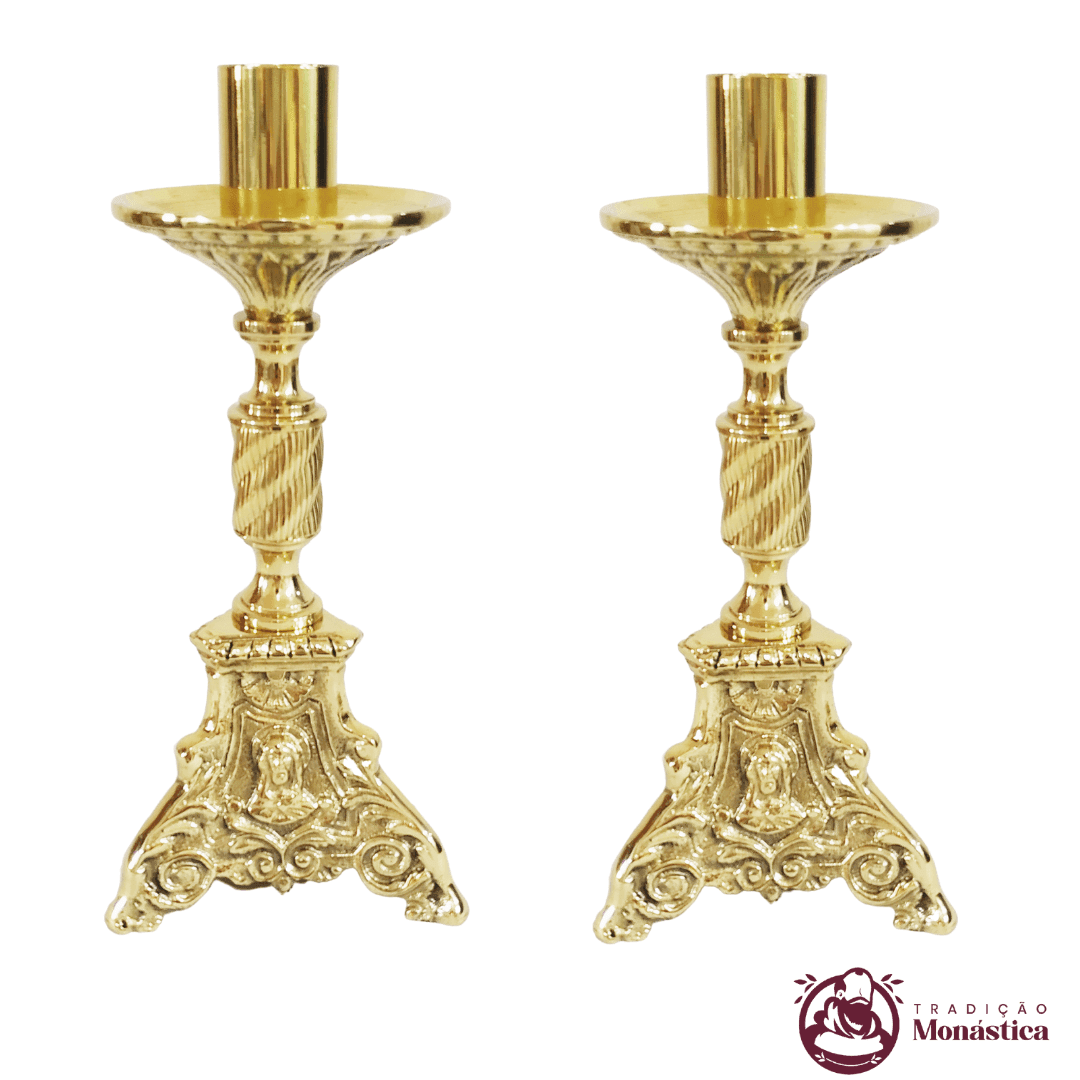 Conjunto de Castiçal de Vela e Cruz para Altar - Base JMJ Pequeno - Bronze - 3