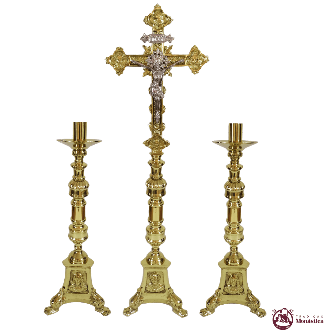 Conjunto de Castiçal de Vela e Cruz para Altar - Base JMJ Grande - Bronze - 2