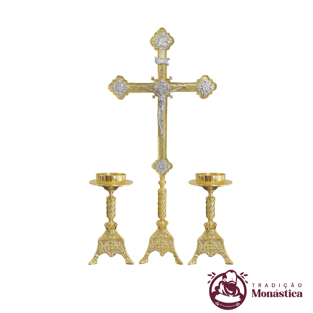 Conjunto de Castiçal de Vela e Cruz para Altar - Exclusivo - Bronze  - 2
