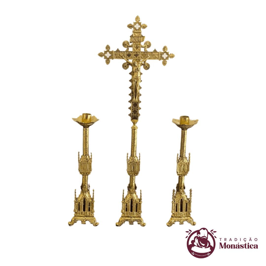Conjunto de Castiçal de Vela e Cruz para Altar - Gótico Pequeno - 7pçs Bronze - 2
