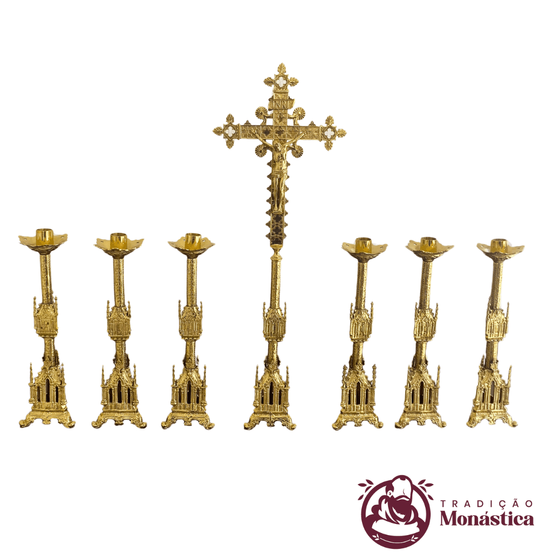 Conjunto de Castiçal de Vela e Cruz para Altar - Gótico Pequeno - 7pçs Bronze - 1