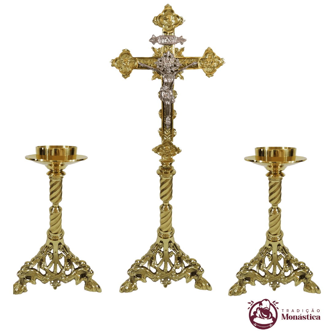 Conjunto de Castiçal de Vela e Cruz para Altar - Pé Leão - Bronze - 2