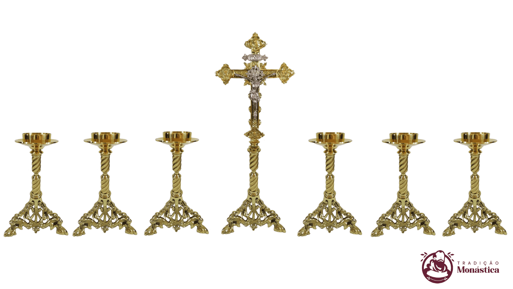 Conjunto de Castiçal de Vela e Cruz para Altar - Pé Leão - Bronze - 1