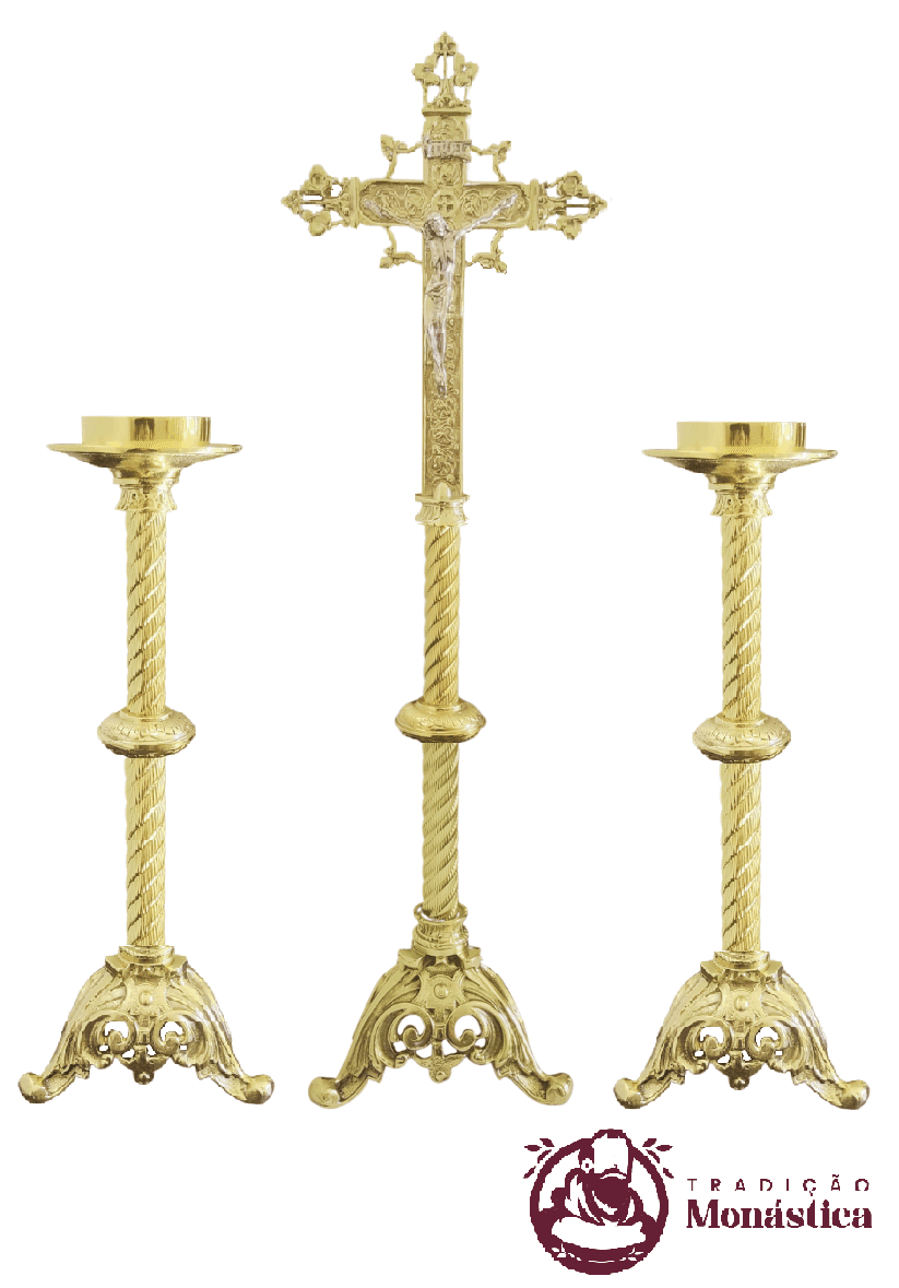 Conjunto de Castiçal de Vela e Cruz para Altar - Tripé - 7pçs Bronze - 2