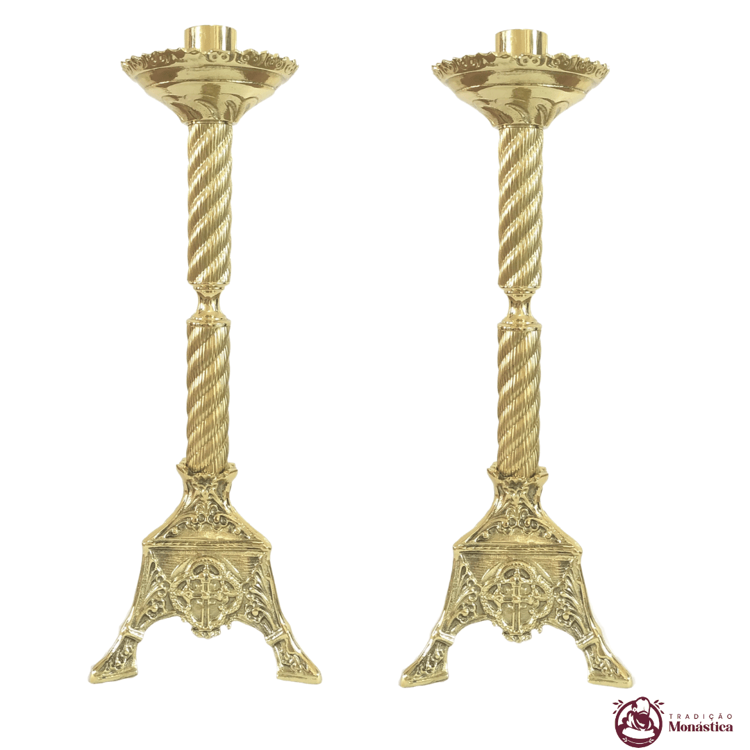Conjunto de Castiçal Médio de Vela e Cruz para Altar - Bronze - 3