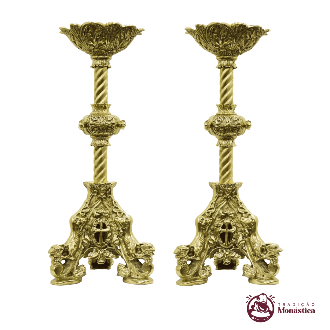 Conjunto de Castiçal de Vela e Cruz para Altar - Bronze - 3