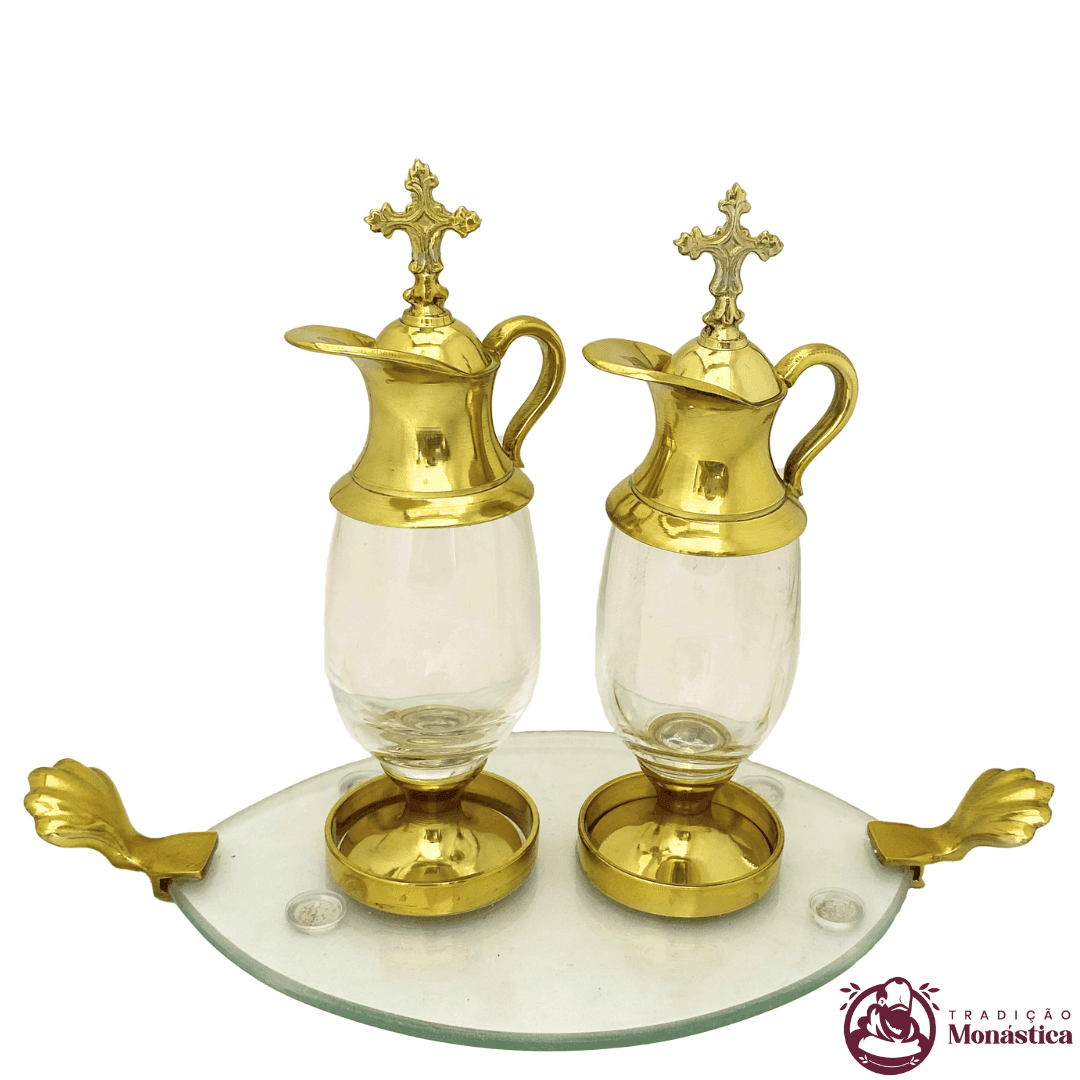 Conjunto de Galhetas de Vidro e Metal - Banhada em Ouro - 1