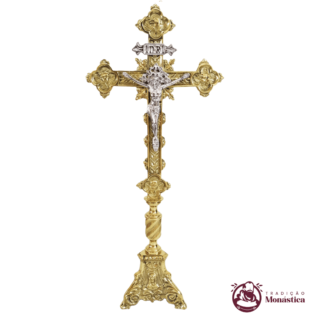Conjunto de Castiçal de Vela e Cruz para Altar - Base JMJ Pequeno - Bronze - 5