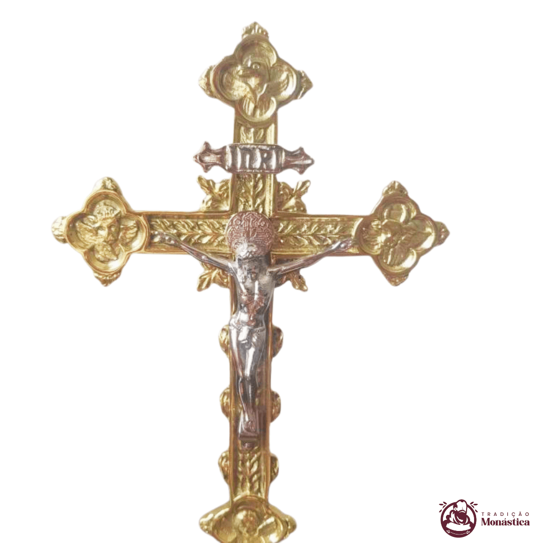 Conjunto de Castiçal de Vela e Cruz para Altar - Base JMJ Pequeno - Bronze - 4