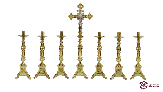 Conjunto de Castiçal de Vela e Cruz para Altar - Base JMJ Grande - Bronze