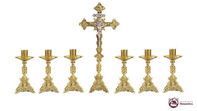 Conjunto de Castiçal de Vela e Cruz para Altar - Base JMJ Pequeno - Bronze