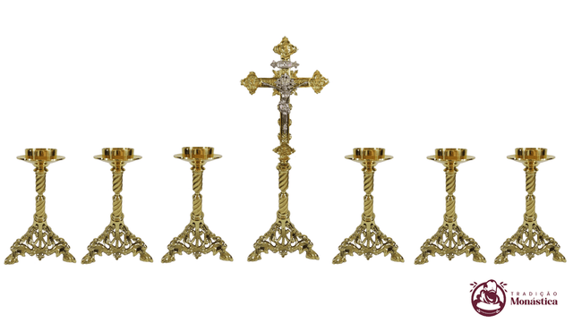 Conjunto de Castiçal de Vela e Cruz para Altar - Pé Leão - Bronze