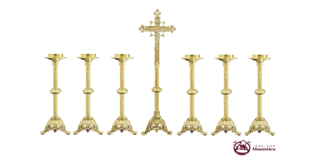 Conjunto de Castiçal de Vela e Cruz para Altar - Tripé - 7pçs Bronze