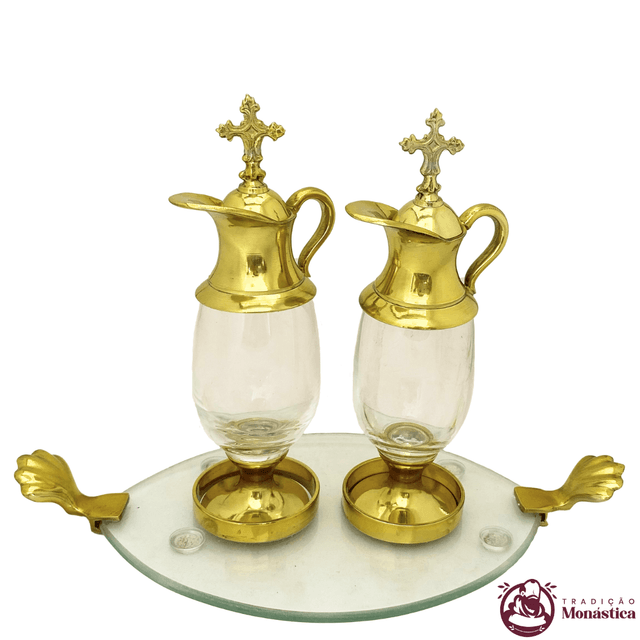 Conjunto de Galhetas de Vidro e Metal - Banhada em Ouro