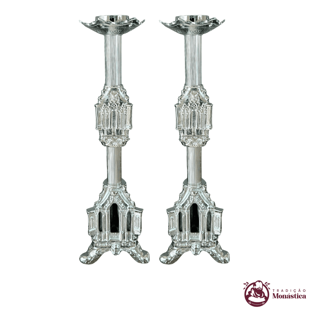 Conjunto de Castiçal de Vela e Cruz para Altar - Gótico - 3pçs Niquelado - 2